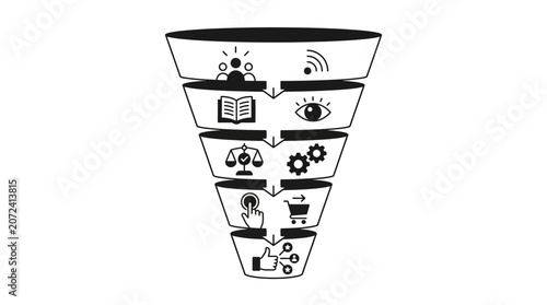 Sales and marketing funnel diagram with business process icons