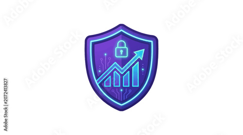 Secure digital growth shield icon with padlock and upward trend graph