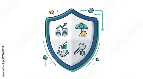 Shield with financial growth, home insurance, business deal, and security key icons