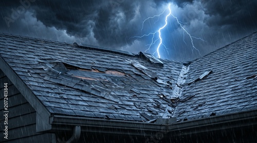 Damaged shingle roof during a severe thunderstorm with bright lightning strike