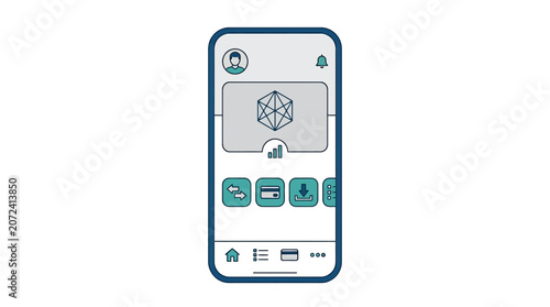 Smartphone screen with mobile app interface and various icons vector illustration