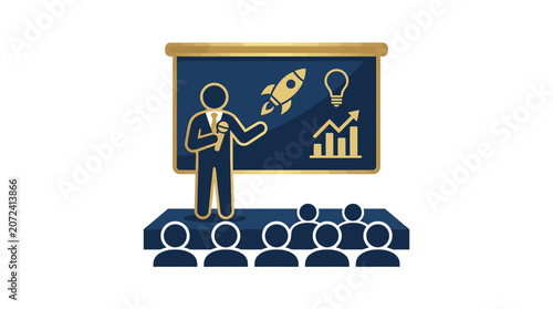 Speaker presenting business ideas to an audience in a flat vector illustration