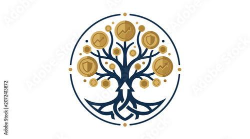 Stylized financial growth tree with golden coins and shield symbols in circle