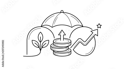 Umbrella protecting growth, investment, and success in line art style