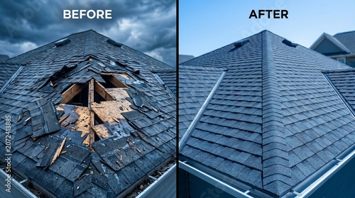Comparison of a damaged residential roof before and after professional repair services