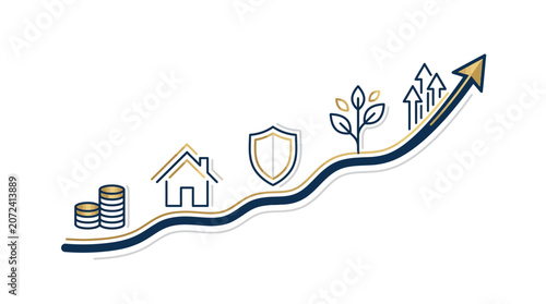 Upward financial growth chart with investment and security icons