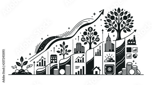 Upward growth path with business, finance, and nature elements vector illustration