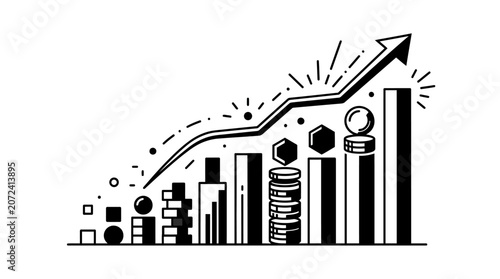 Upward trend line on bar chart with abstract geometric shapes