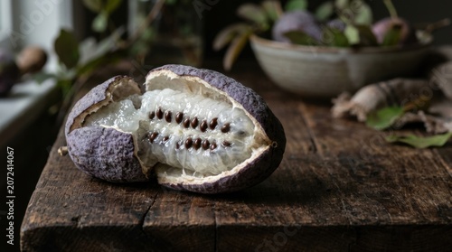 Exotic White Flesh Tropical Fruit On Rustic Board