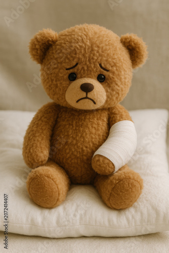 Injured teddy bear with sad expression and arm wrapped in white bandage sitting on soft white pillow, childhood accident concept
