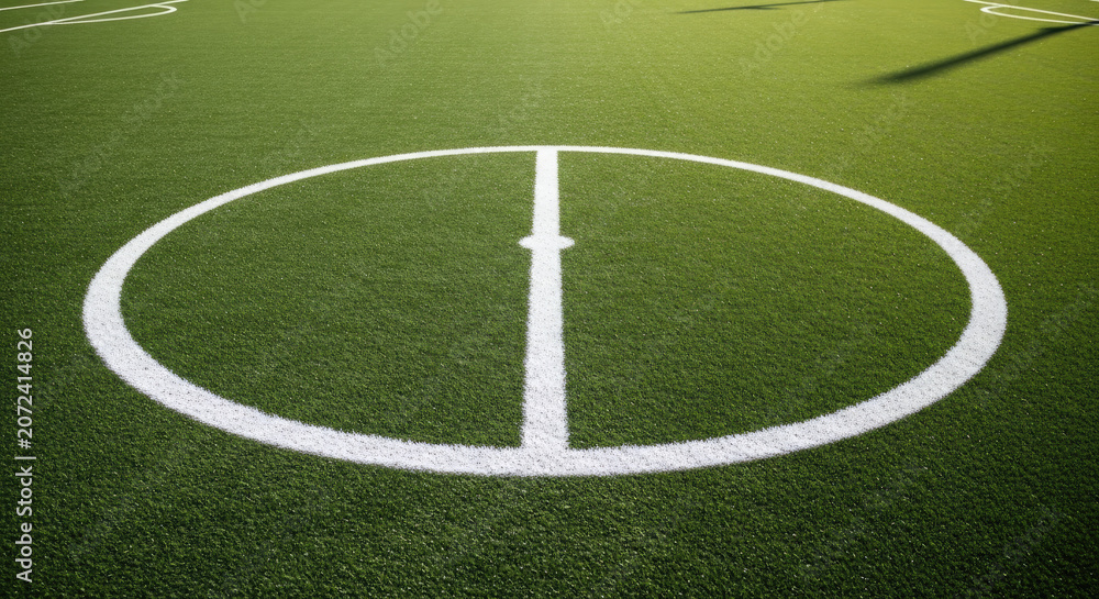 Obraz premium Close-up of the center circle and line on a vibrant green soccer field, highlighting the details of the sports turf