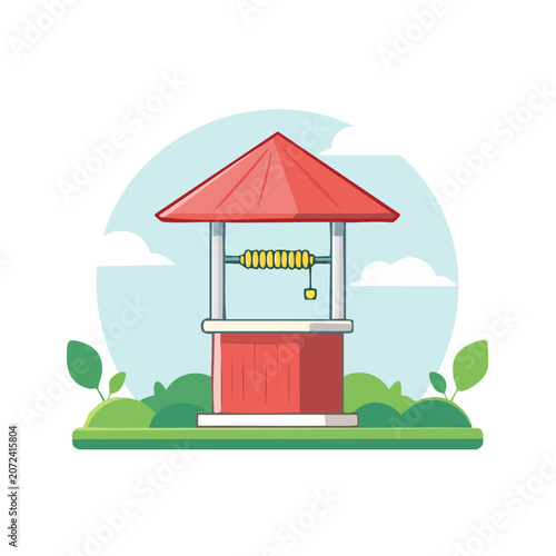 Flat illustration of a traditional wooden well with bucket