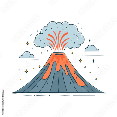 Flat illustration of a volcano erupting with lava and smoke