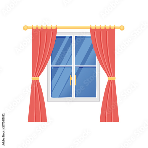 Flat illustration of a window with red curtains