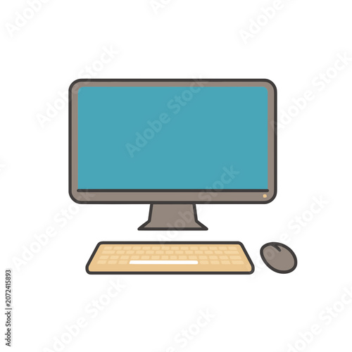 Flat vector illustration of computer setup with monitor, keyboard and