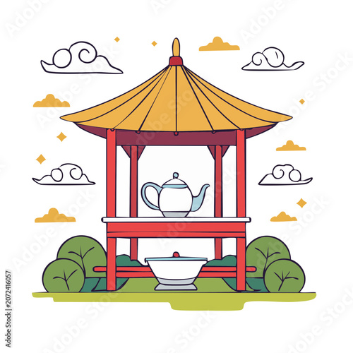 Traditional Asian Pavilion with Teapot and Tea Set