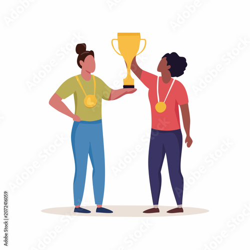 Two women holding a trophy and medals