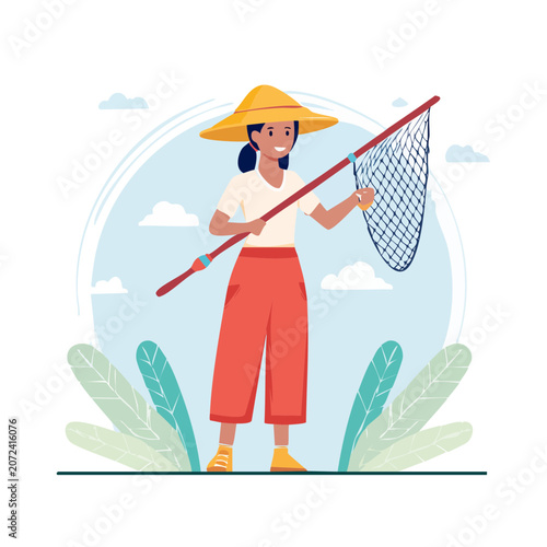 Woman holding fishing net in flat illustration style