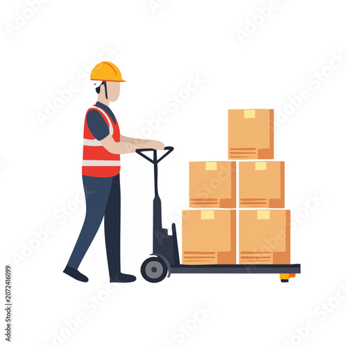 Worker with pallet jack and stacked boxes illustration