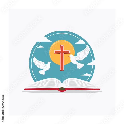 Christian Cross, Doves, and Open Book Illustration