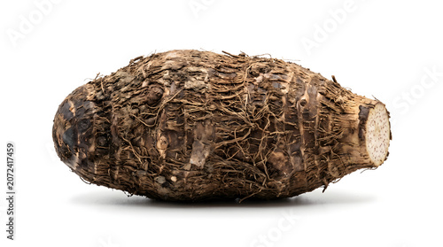 A single, detailed image of a raw taro root, a starchy tuberous root vegetable with a rough, brown, fibrous skin, isolated on a clean white background