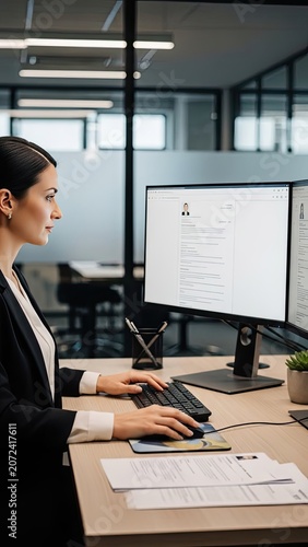 Professional woman working diligently on a computer in a modern office environment.