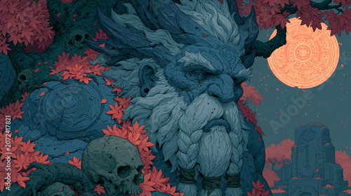 Ancient Tree Guardian with Skulls and Red Leaves – Dark Mystical Fantasy Art