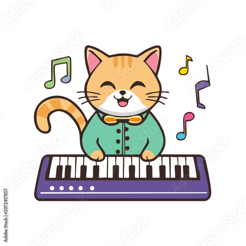 Cartoon cat playing piano with music notes