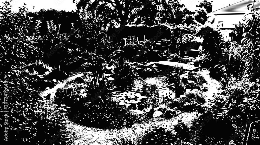 Obraz premium Serene Backyard Garden Pond with Lush Greenery and Waterfall