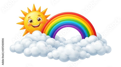 Cartoon smiling sun with rainbow and fluffy white clouds illustration weather forecast illustration meteorology atmosphere sunshine cheerful environment colorful spectrum heavenly