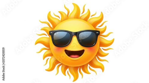 Smiling yellow sun character wearing black sunglasses isolated illustration with summer time sunny day weather icon summer vibes sunglasses vacation sunshine character tropical