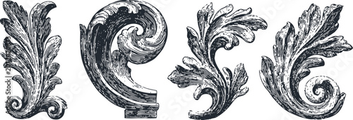 baroque ornamental leaves vintage engraved foliage decorations set