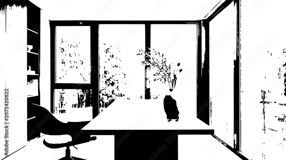 Fototapeta premium Modern Home Office with Large Window and Greenery View
