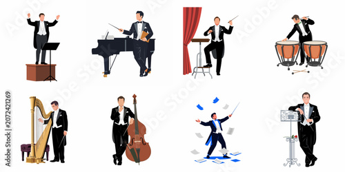 Fotografía Set of flat vector illustrations featuring various male orchestra conductors and musicians in formal attire with instruments and podiums on a white background