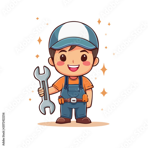 Cartoon Mechanic Holding Wrench