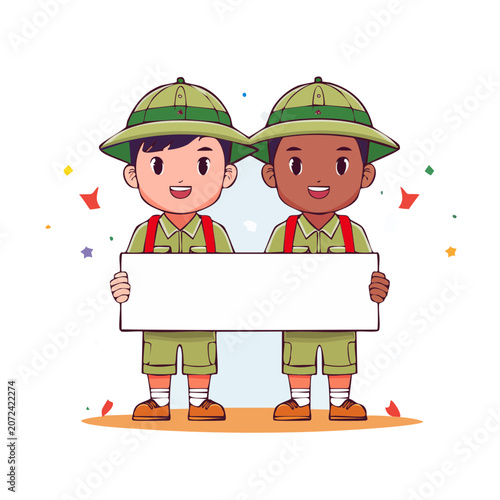 Cartoon twins in overalls and straw hats