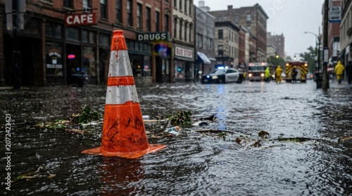 Flooded urban street with abandoned orange traffic cone in heavy rain and stormy weather