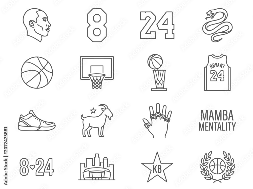 Fototapeta premium Collection of outline icons celebrating basketball excellence and the enduring legacy of an iconic athlete. Features symbols of sport, achievement, and legendary influence
