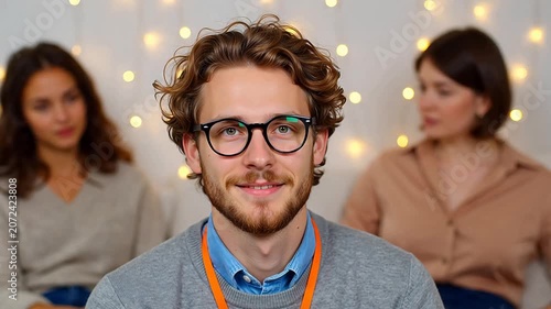 Man with glasses and two women in background