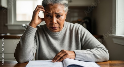 Worried senior African American woman with hand on her forehead, looking intently at open documents on a wooden table in a home environment