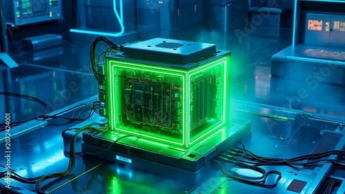 Futuristic glowing cube in lab