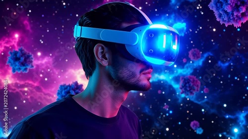 Man wearing VR headset in space