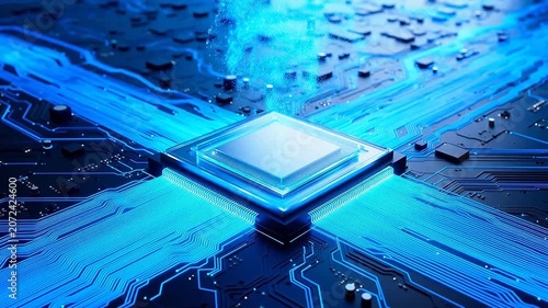 Microchip on circuit board with glowing lines