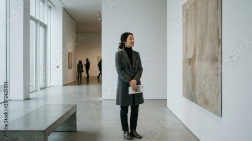 Young Asian woman observing abstract art in a contemporary museum gallery with large windows and concrete bench