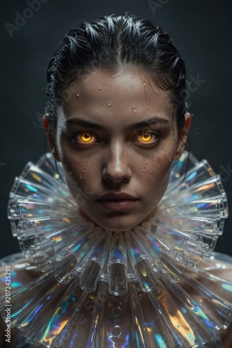 Futuristic Portrait Of Young Woman With Glowing Amber Eyes And Holographic Ruffled Collar