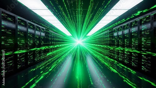Server room with green light beams