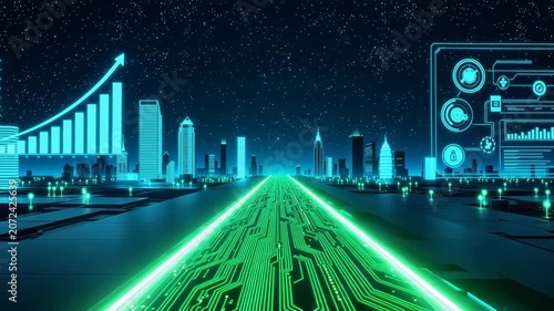 Futuristic cityscape with glowing circuit road