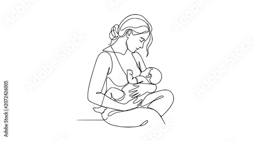 Minimalist single line drawing of mother breastfeeding baby, tender moment, family bond, motherhood