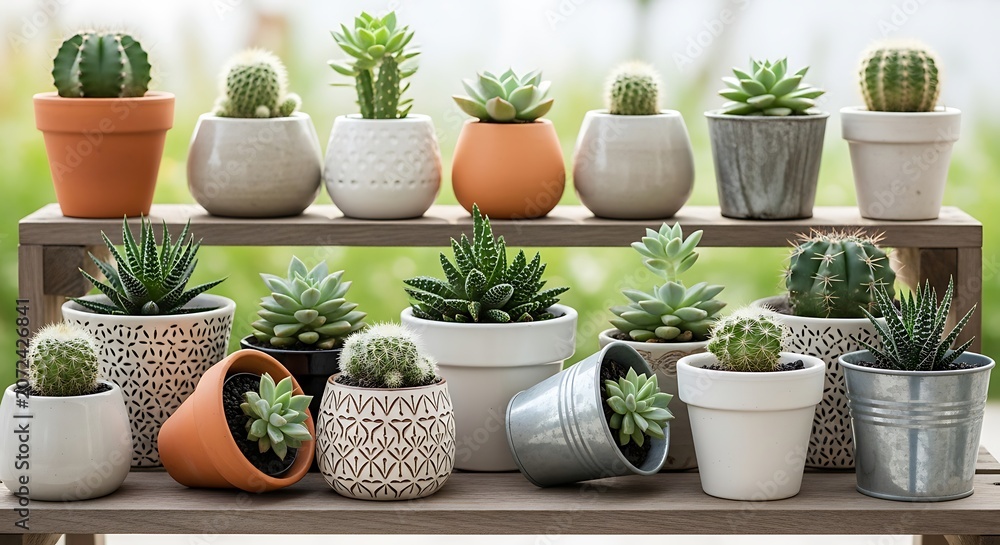 Fototapeta premium Variety of small potted succulents on shelves.