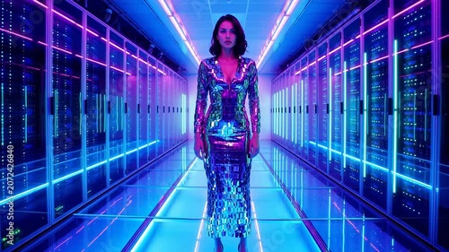 Woman in shiny dress in server room